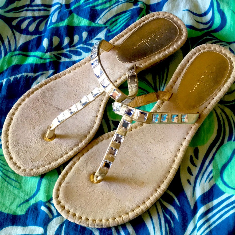 COLE HAAN T Strap suede jeweled mini wedge sandal Sz 7.5b